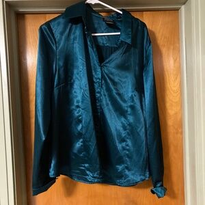 George Stretch Teal Satin Long Sleeve Button Down Shirt Blouse Size XL 16/18